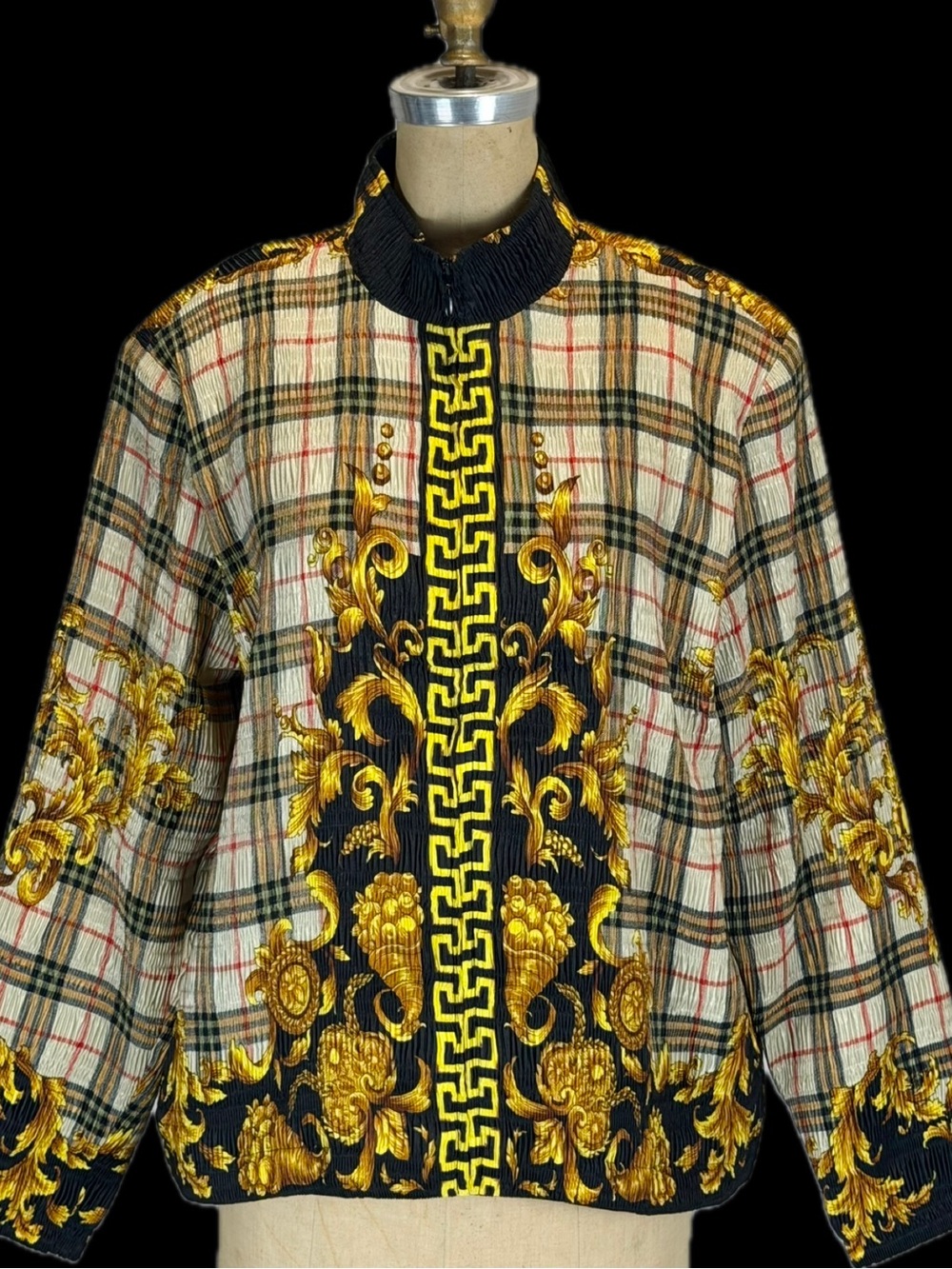 VINTAGE 80s plaid regency scroll jacket coat pleated zip up baroque glam